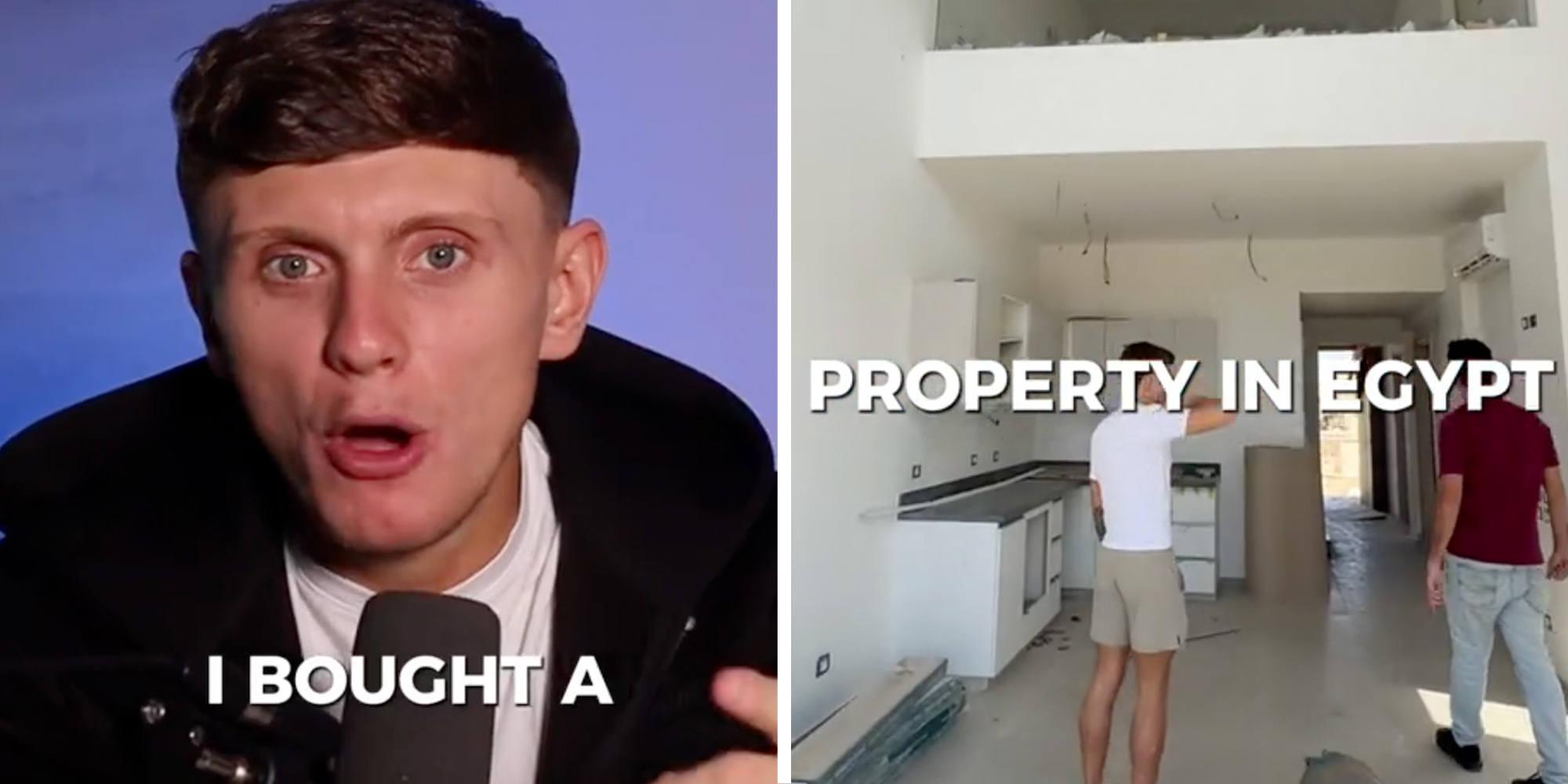 Man talking with text "i bought a"(l), People inside home under construction with text "property in egypt"(r)