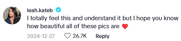 TikTok comment that says, "I totally feel this and understand it but I hope you know how beautiful all of these pics are"