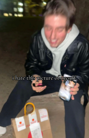 TikTok photo of a college guy eating McDonalds. Text overlay reads, "I hate this picture of myself."