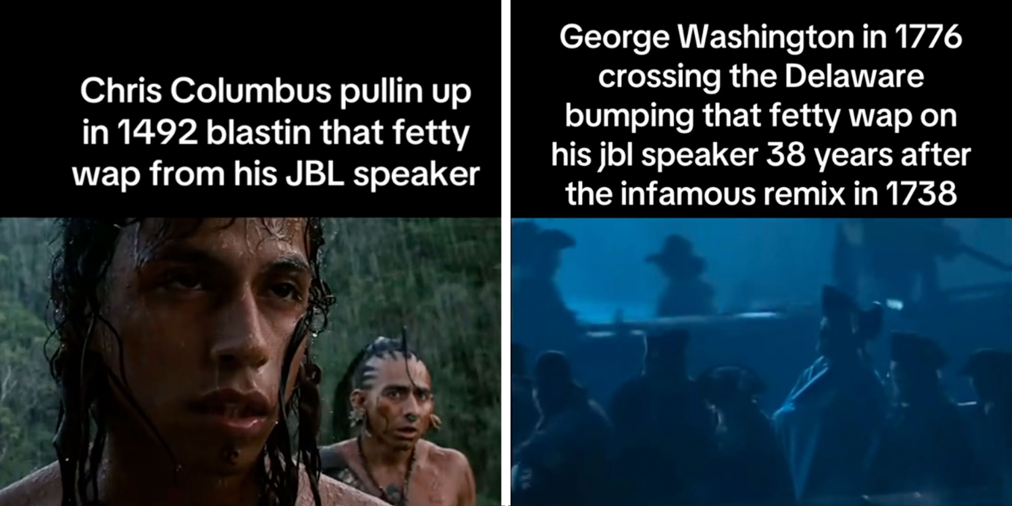 Two panel design with a capture from the movie Apocalypto, next to an image of a capture from the movie The Crossing