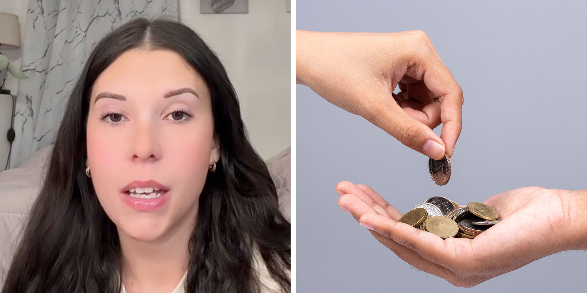 Two panel design with a woman looking and talking at the camera in one, next to an image of someone handing coins to some one else