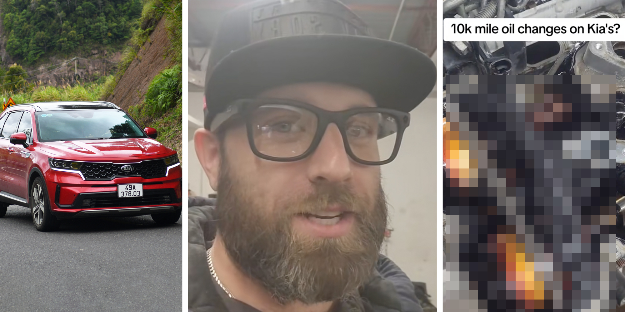 Kia Sorrento(l), Man talking(c), Blurred kia engine with text "10k mile oil changes on kia's?"(r)