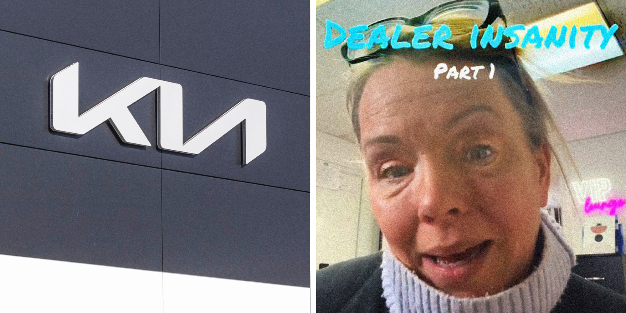 2 panel image: on the right is the exterior of a Kia car dealership. On the right a person explains.
