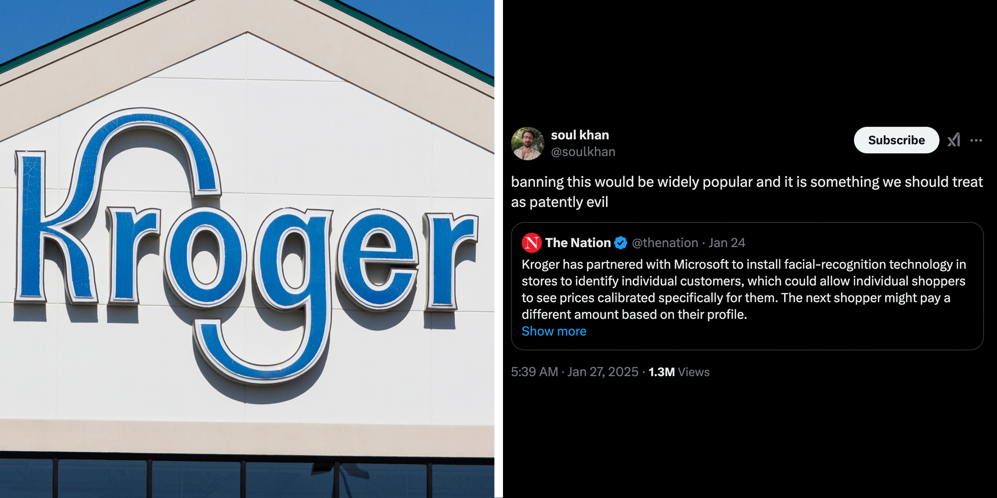 Kroger's(l), Tweet about Kroger partnering with microsoft to install facial-recognition technology(r)