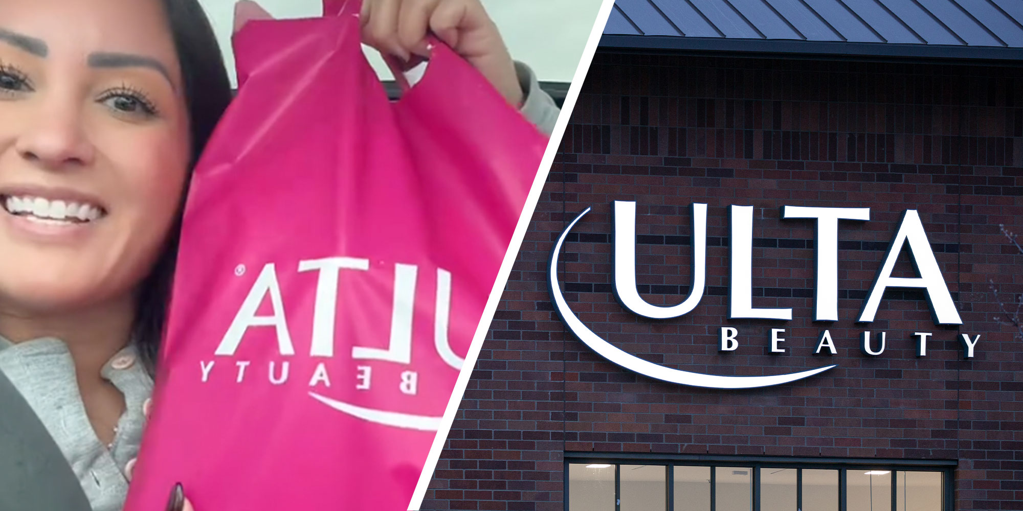 Two panel design with a woman holding up an Ulta beauty bag, next to an image of an Ulta beauty