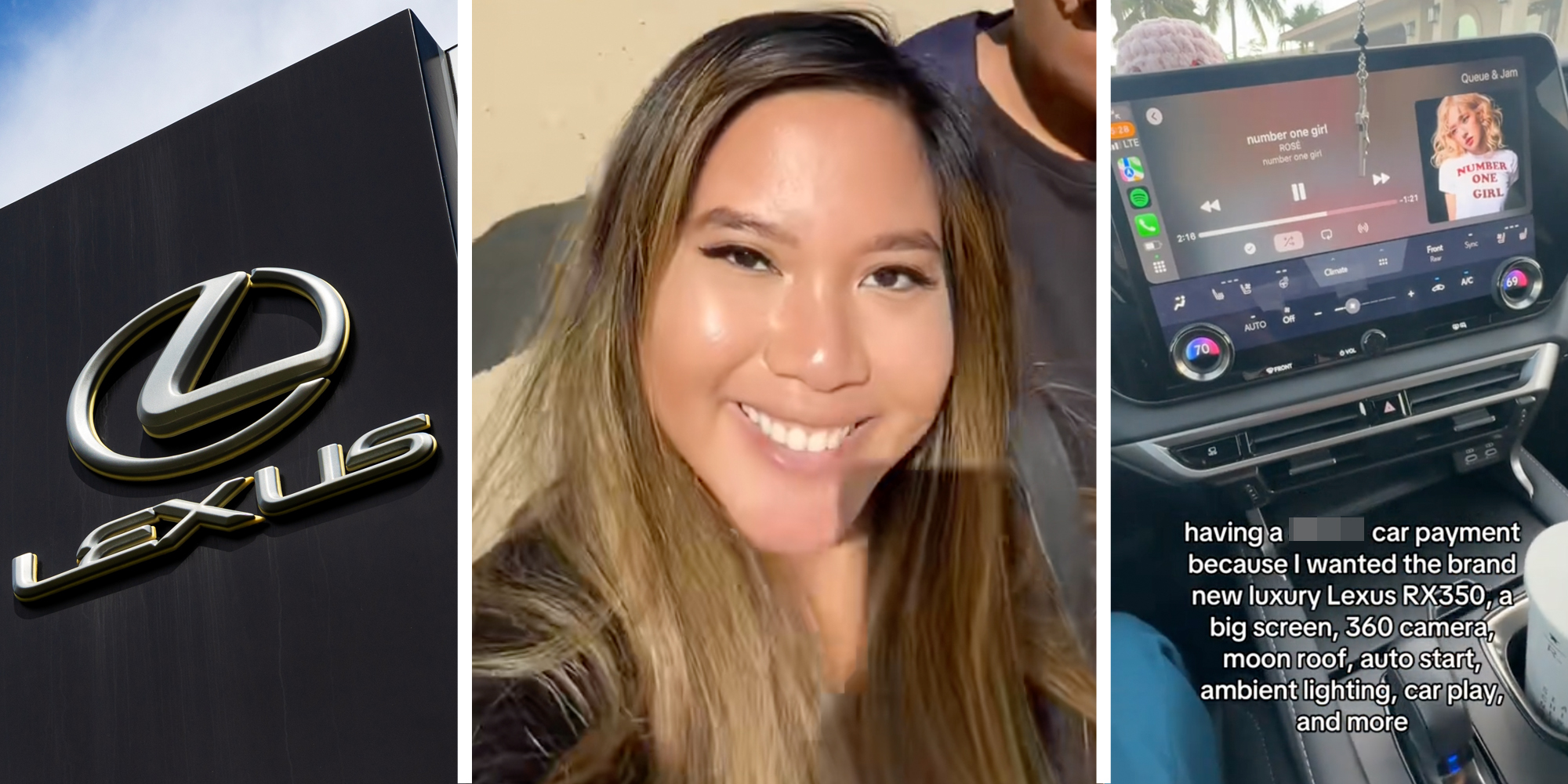 Lexus sign(l), Woman talking(c), Car dashboard(r)