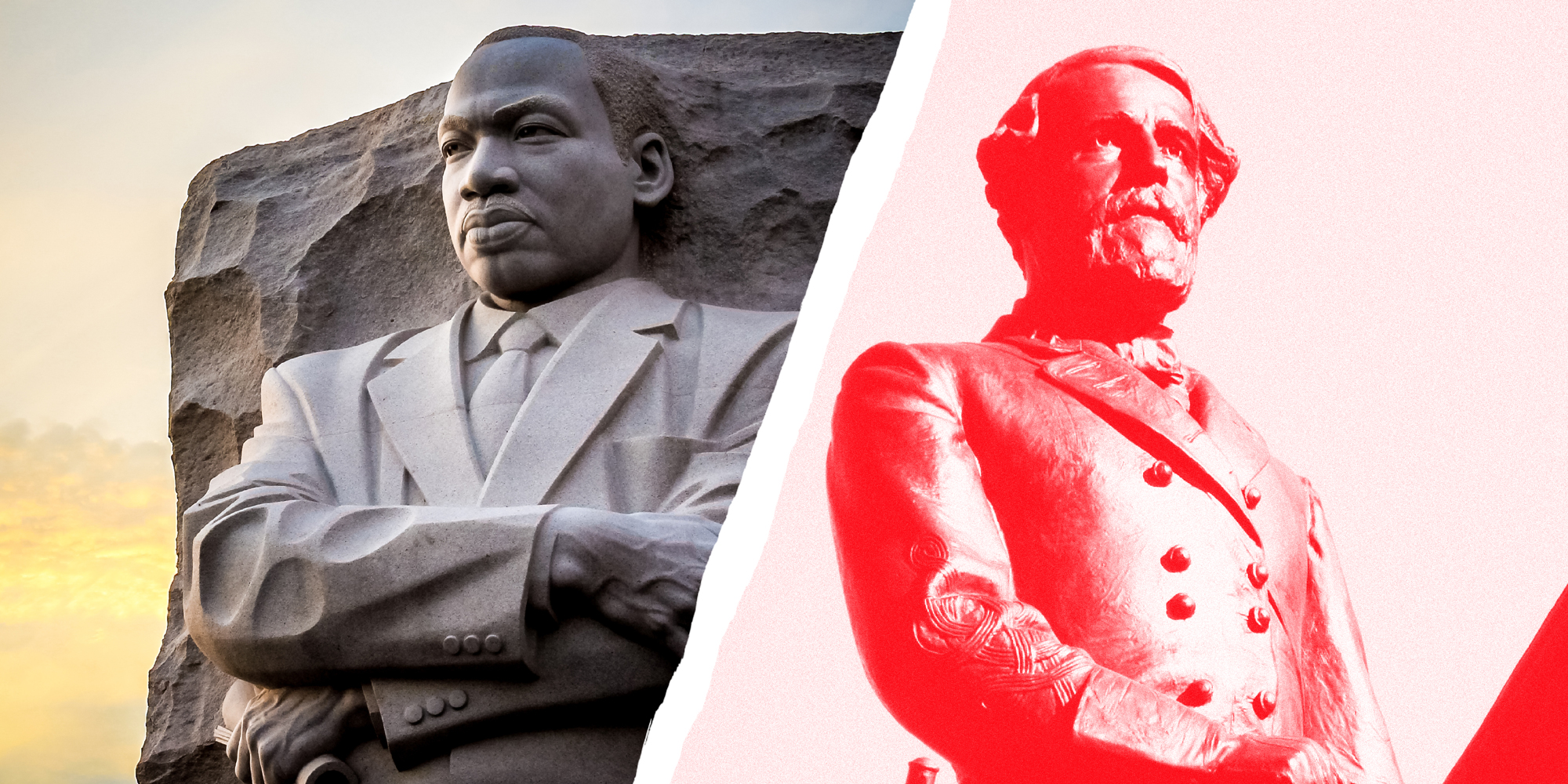 2 panel image showing a statue of Martin Luther King Jr. next to a statue of Robert E. Lee.