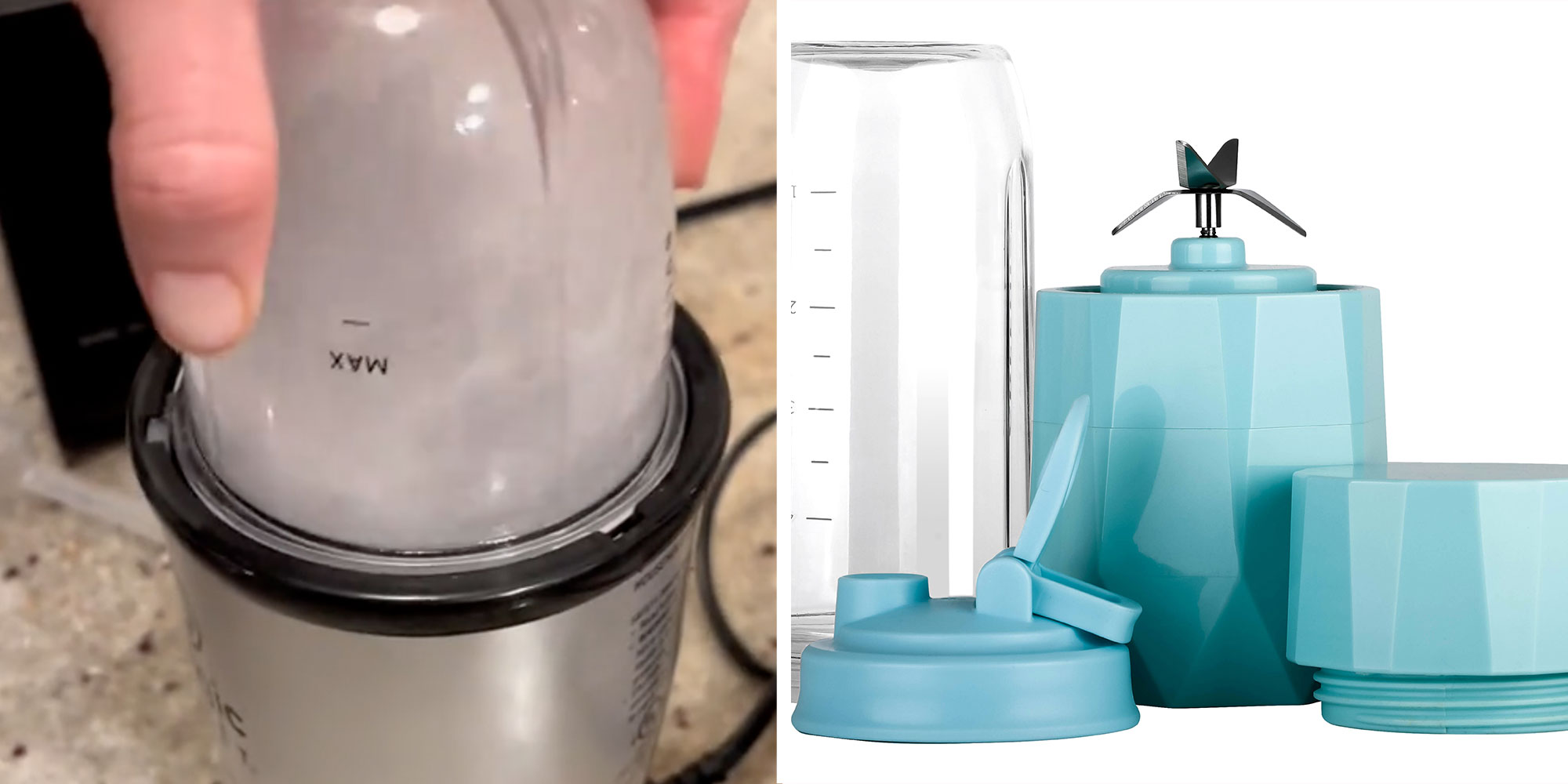 Two panel design with a shot of someone using a magic bullet next to an image of a Magic Bullet kit