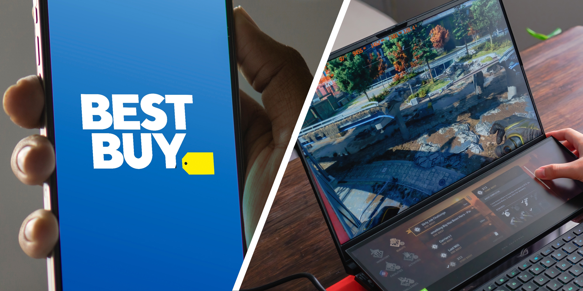 Hand holding phone with best buy app(l), Asus Rog gaming laptop(r)