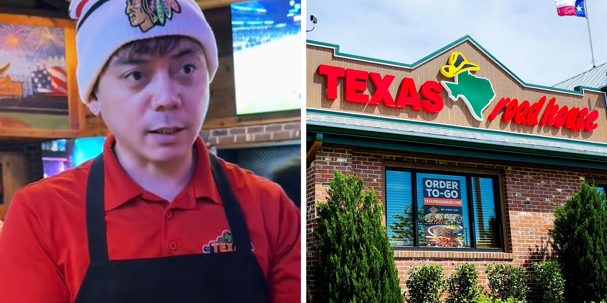 Man talking(l), Texas Roadhouse restaurant(r)
