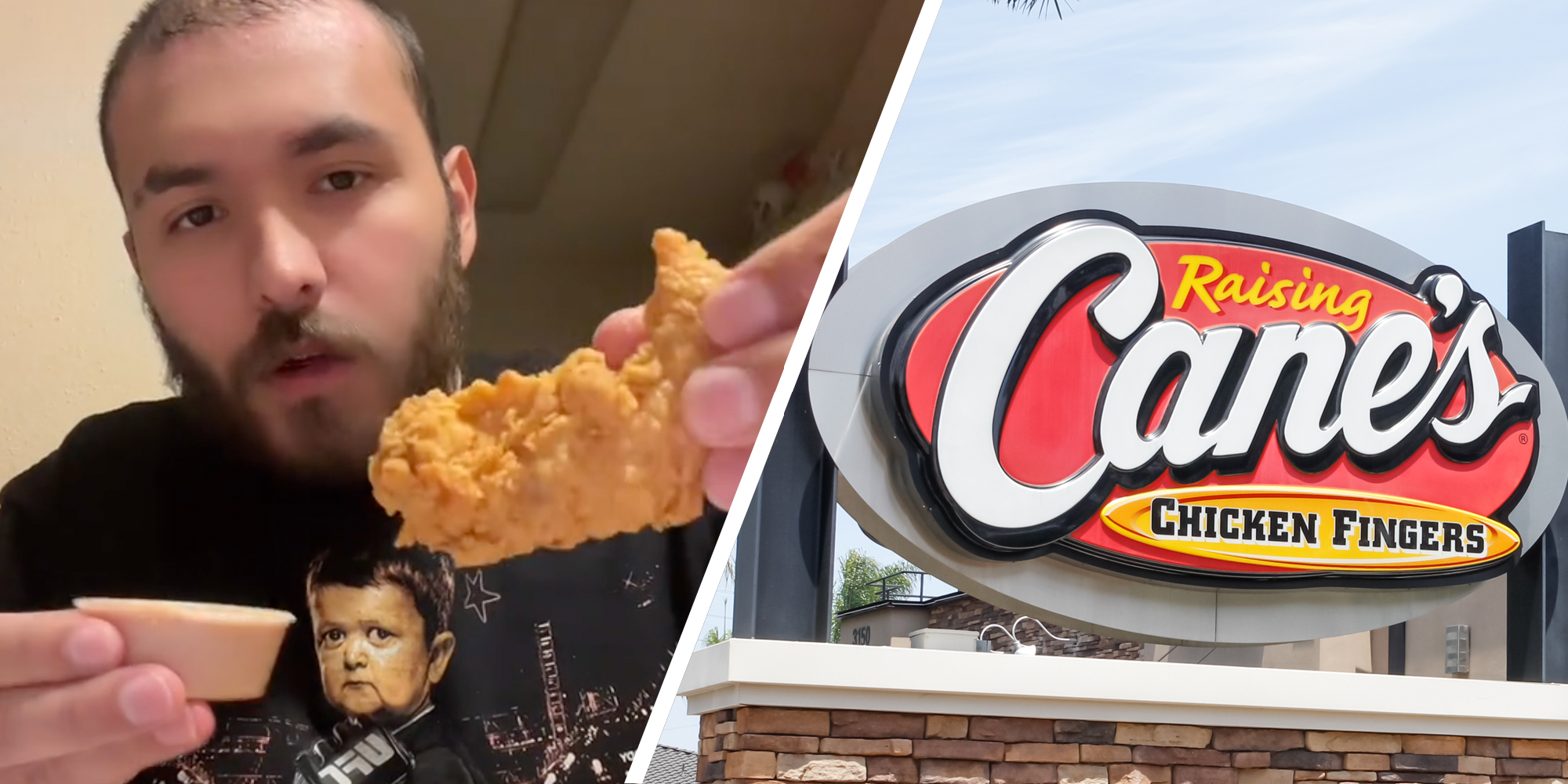Man with chicken tender(l), Raising Cane's sign(r)