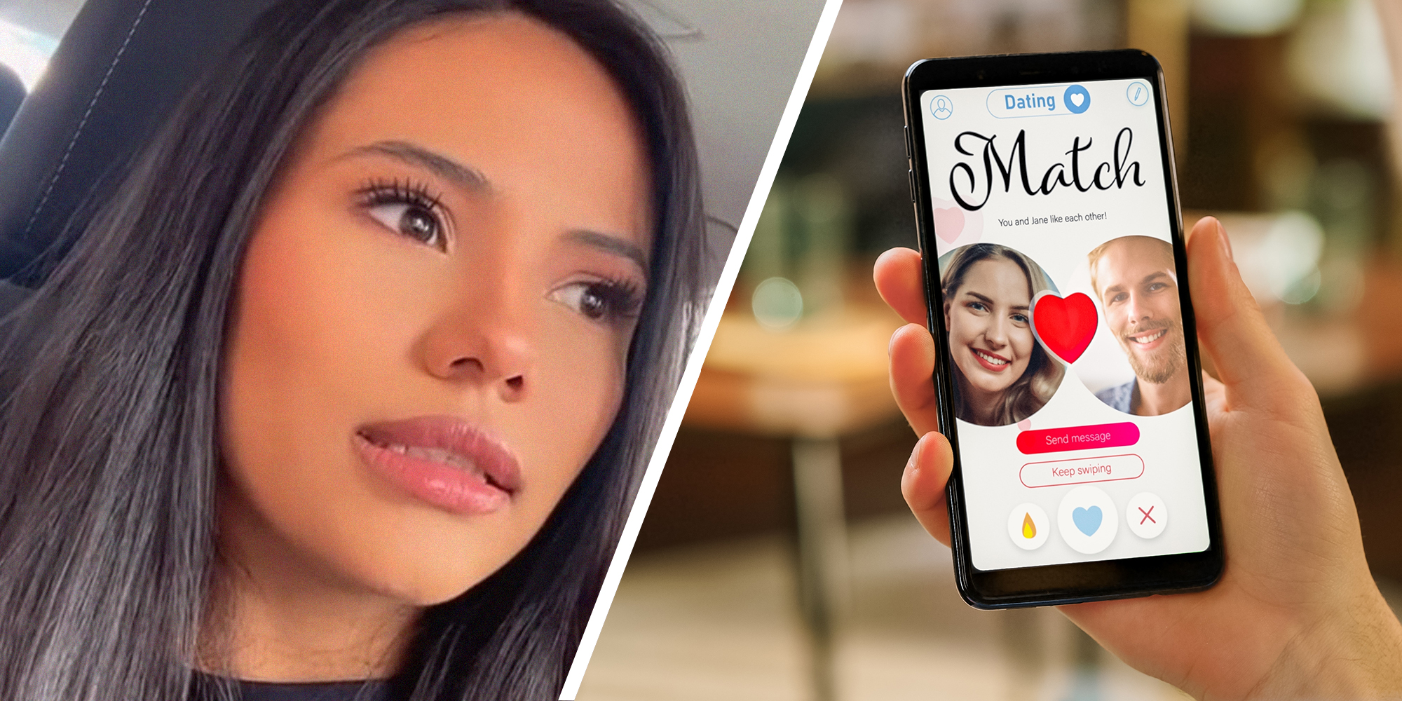 woman sharing what she learnt from using dating App as a man(l) person holding phone with dating app(r)
