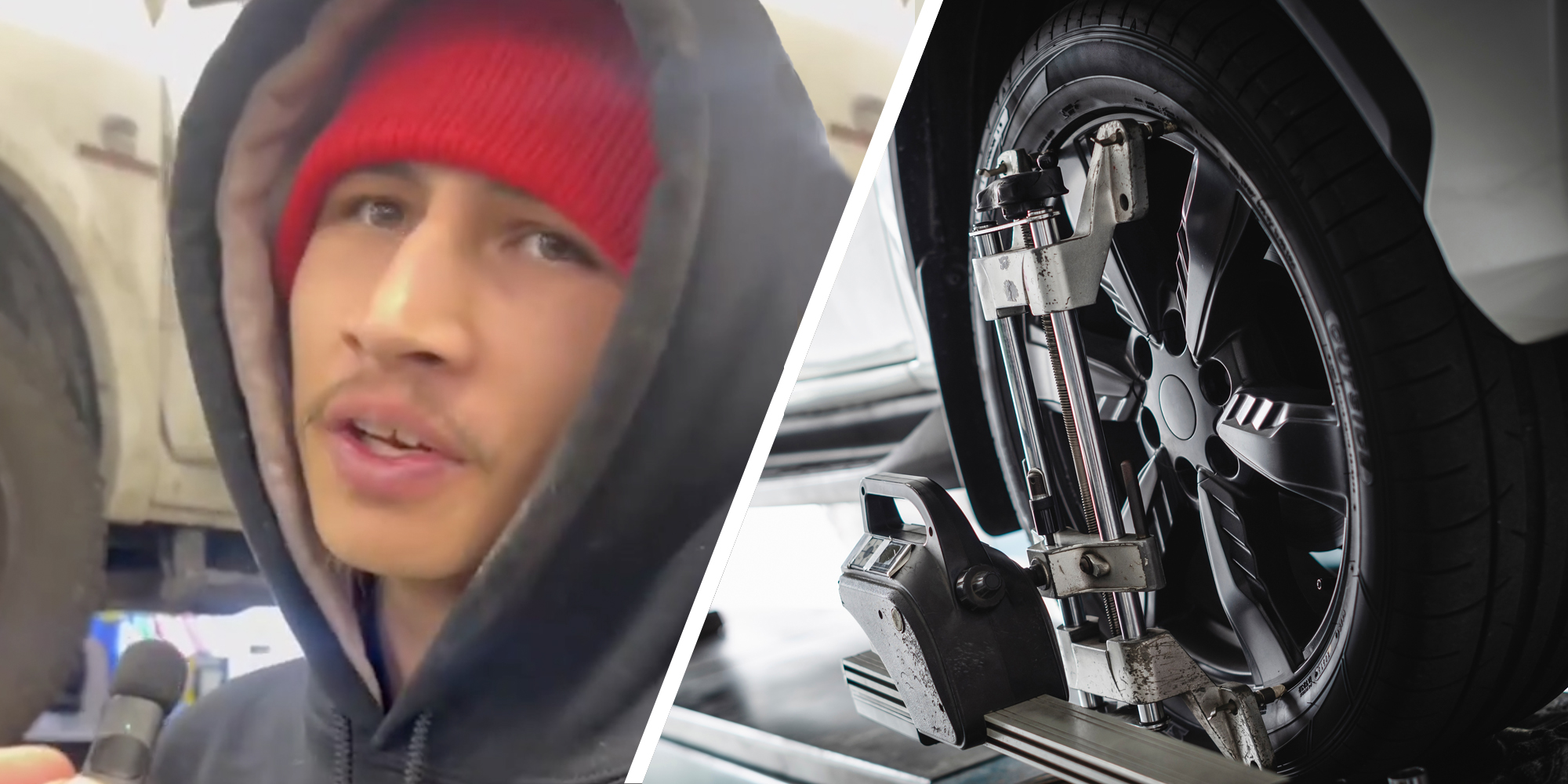 Man talking(l), Wheel getting aligned(r)