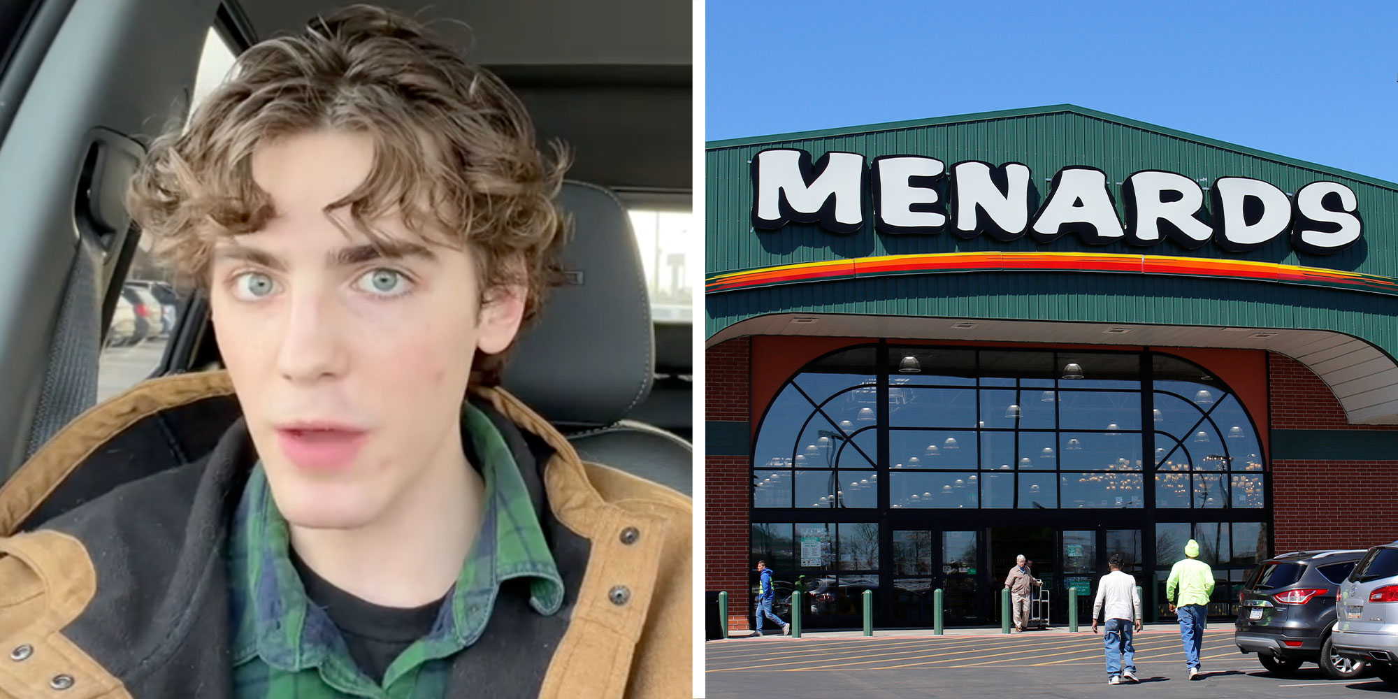 Two panel design with a man sitting in his car looking upset and frustrated while talking at the camera, next to an image on a Menards store