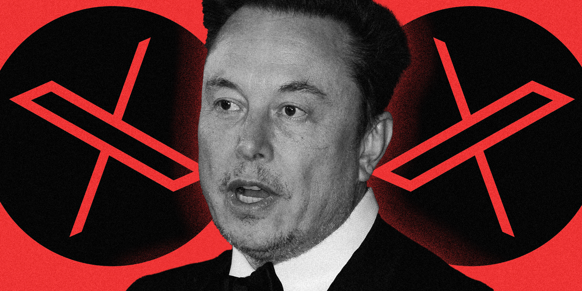Elon Musk over X logos in circles over red background
