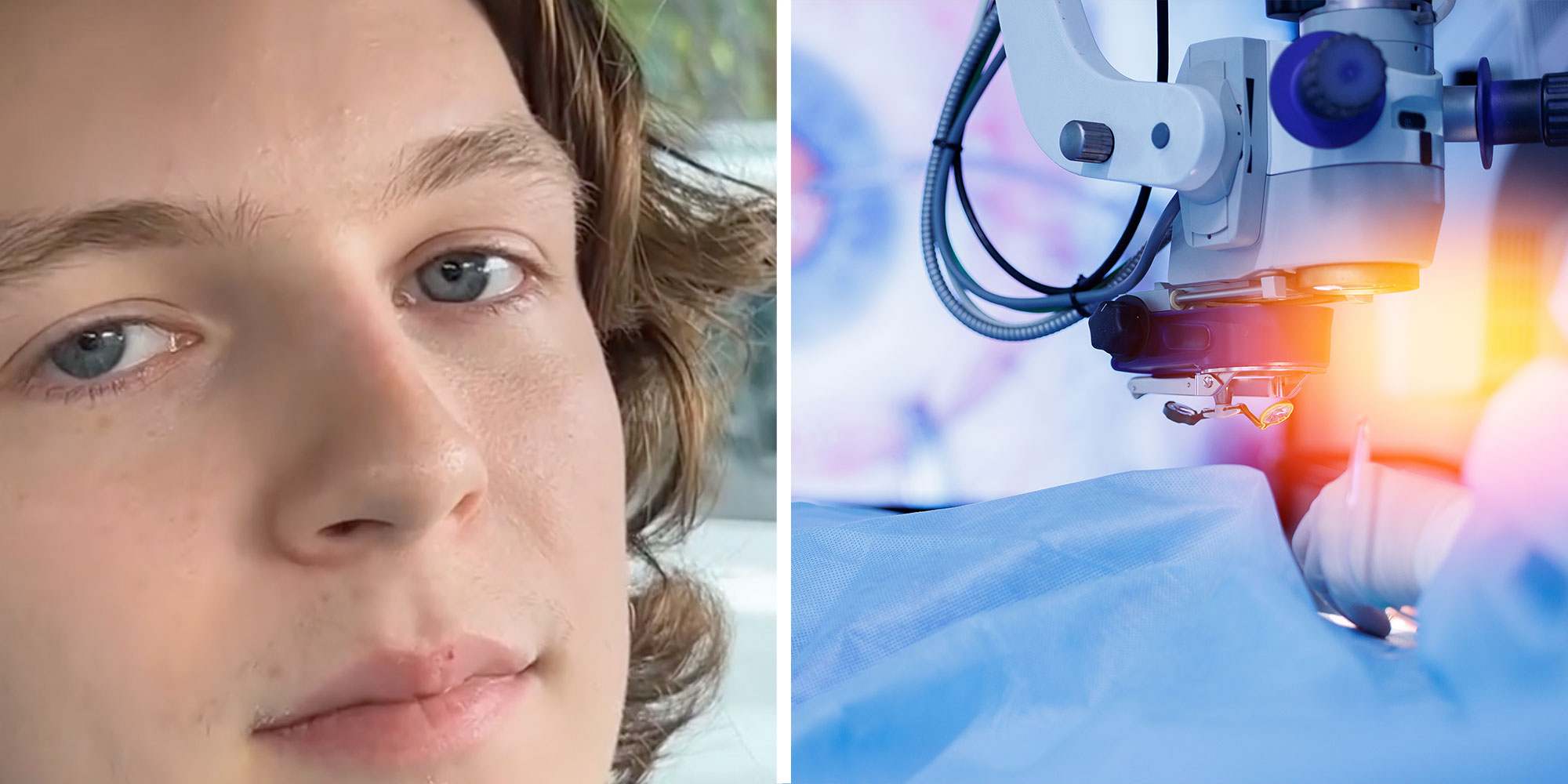 Two panel design with a close up of a mans face while he looks into the camera, next to an image of a surgery