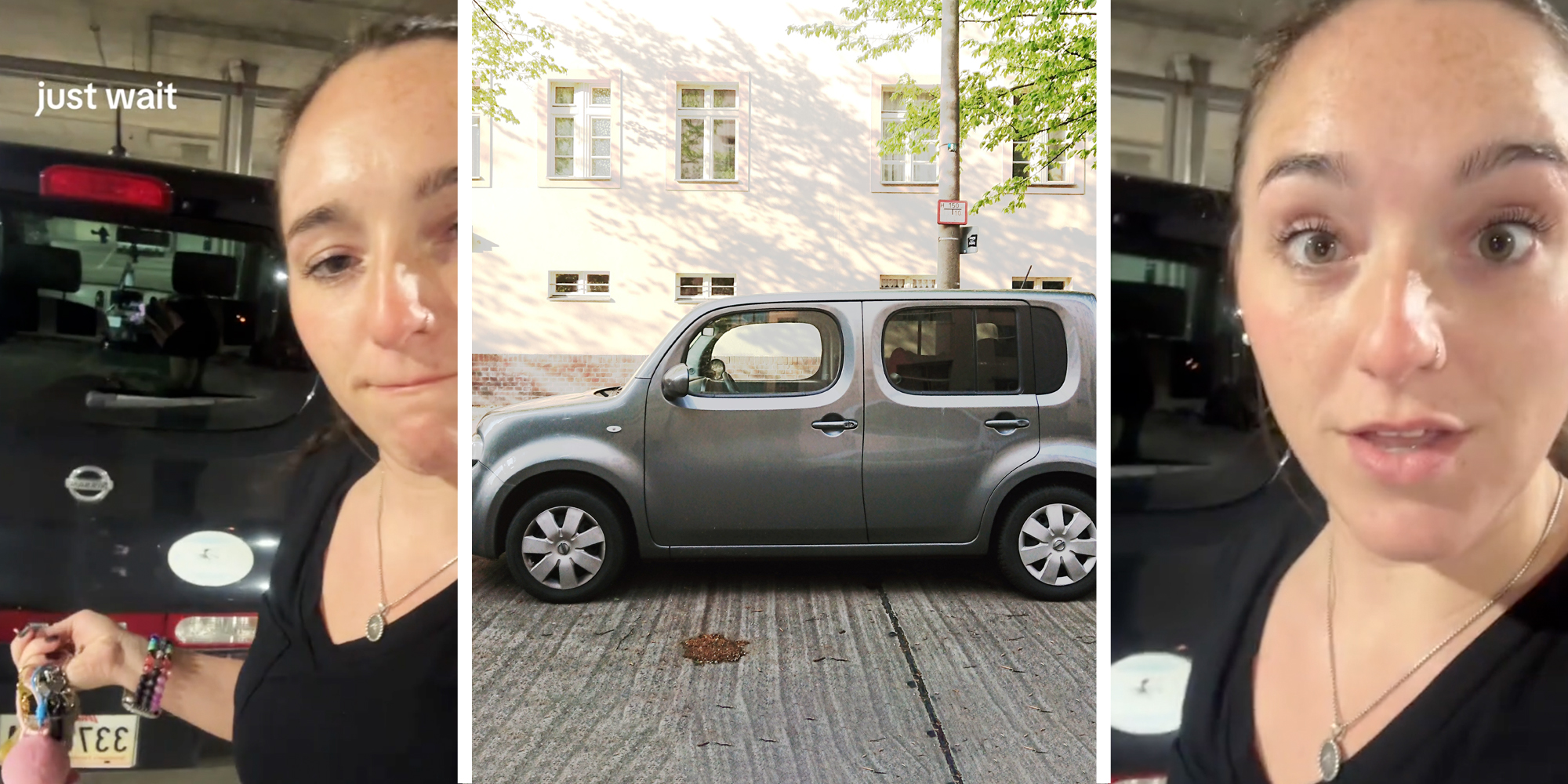 Woman locking car(l), Nissan Cube(c), Woman looking shocked/annoyed(r)
