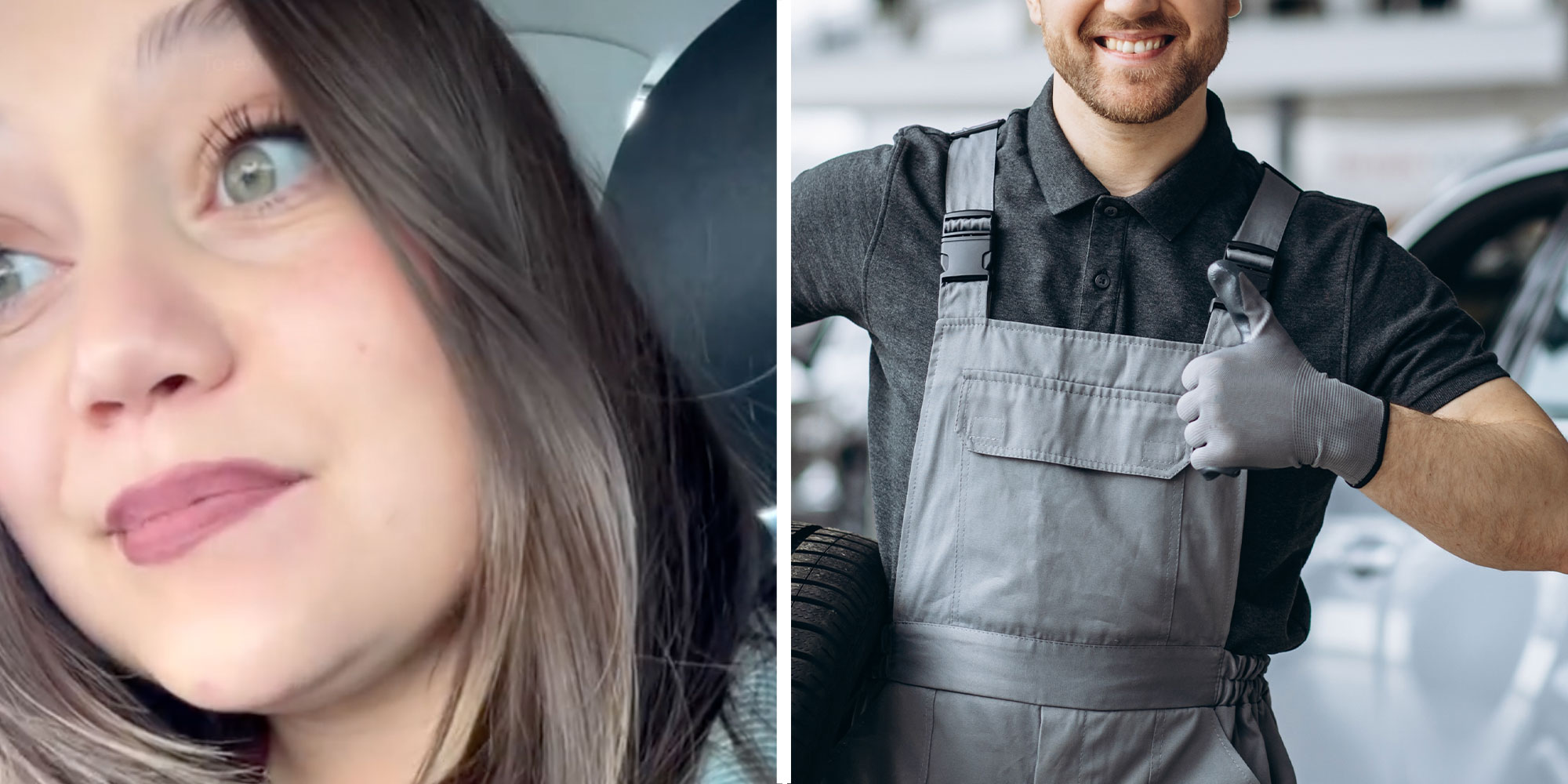 Two panel design with a woman looking away the camera in disbelief, next to an image of a man giving up thumbs up at a car repair shop