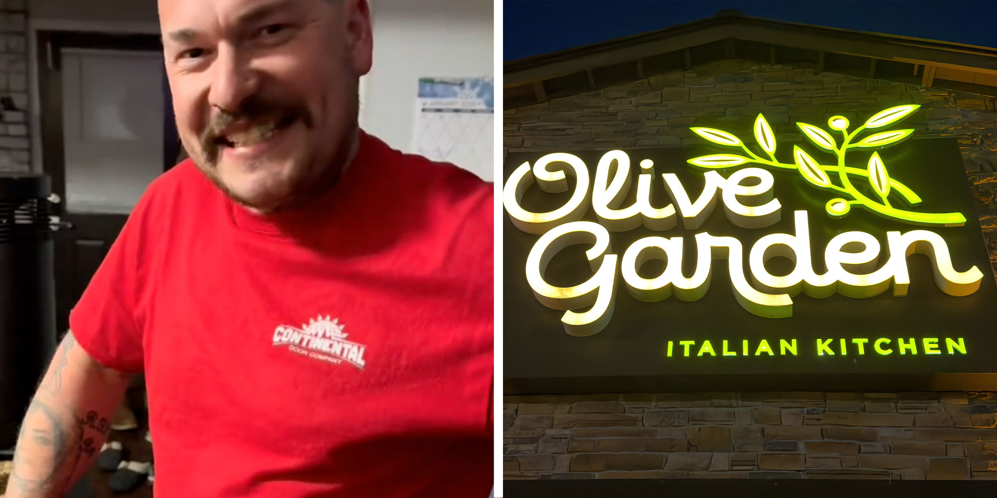 Two panel design with a man looking at the camera with a big smile from inside of a kitchen, next to an image of a Olive Garden