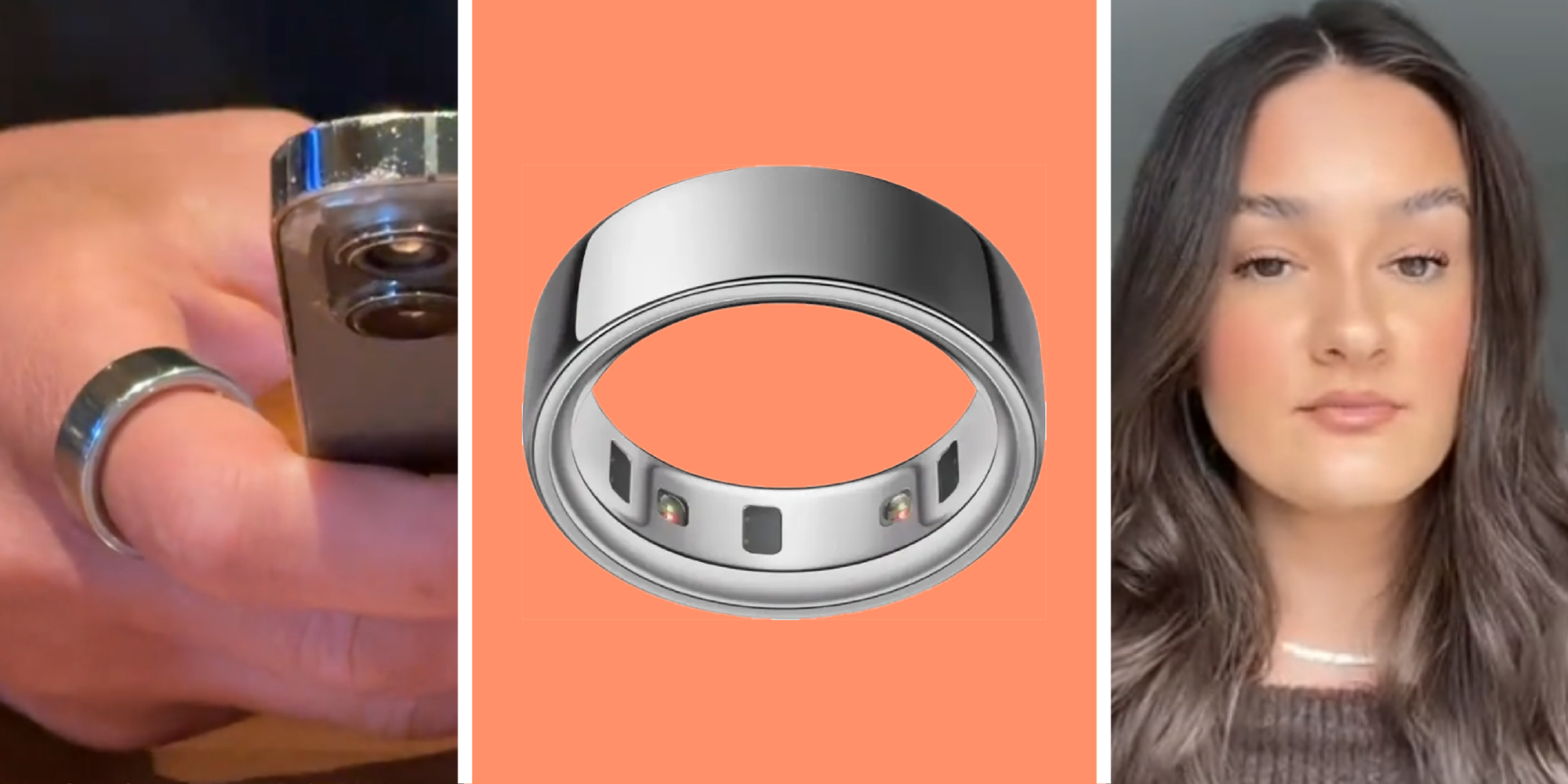 3-panel image, on the left a screen shot of a person wearing a smart ring, in the middle a smart ring, and on the right a person looking suspicious.