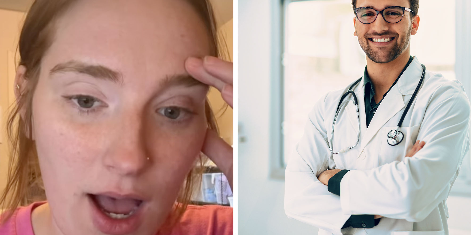 Two panel design with a woman looking shocked as she talks towards the camera, next to an image of a doctor
