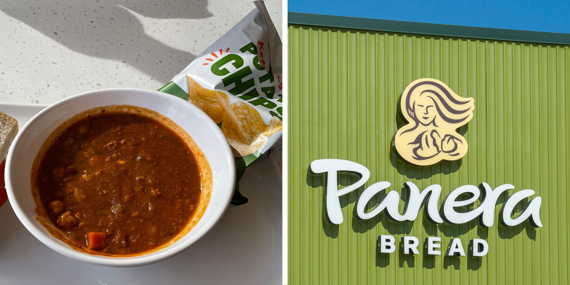 two panel design with a shot of soup and chips, next to an image of a Panera Bread