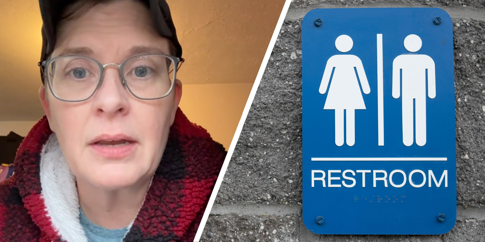 Woman talking(l), Gender Neutral bathroom sign(r)