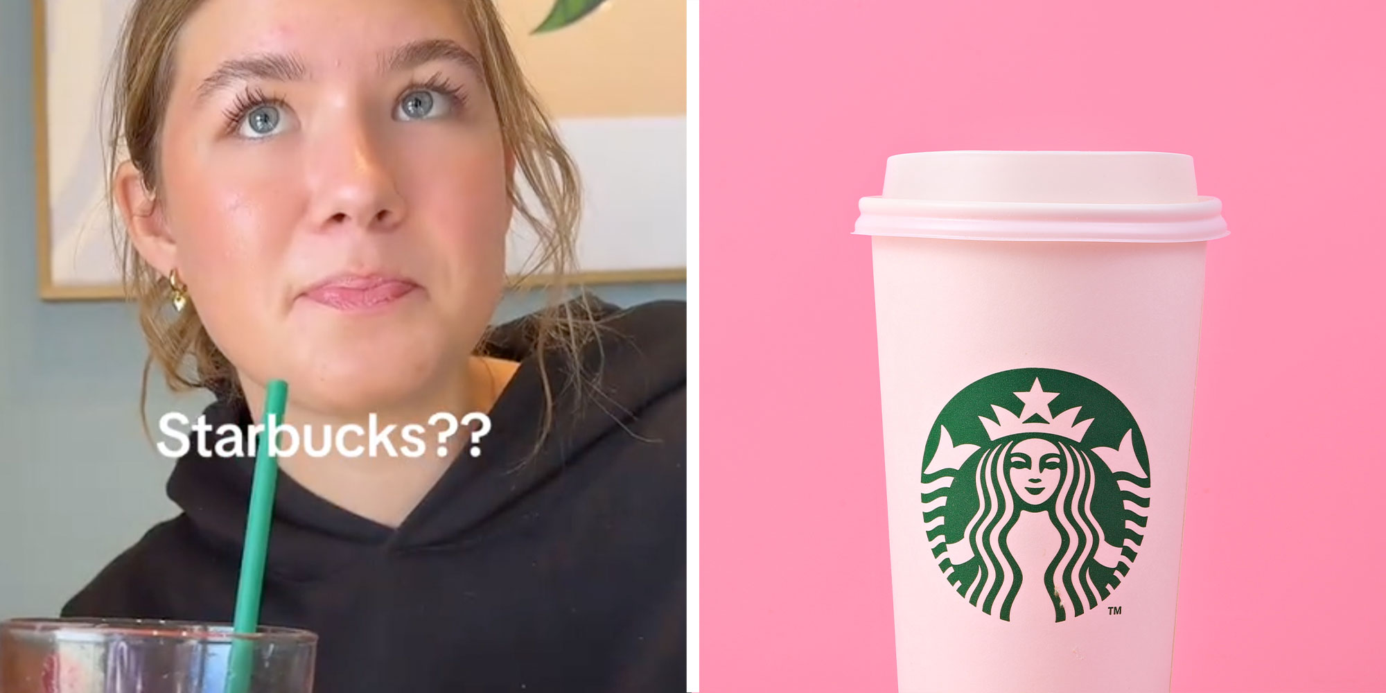 Two panel design with a woman looking up and away from the camera, while drinking a starbucks drink, next to an image of a Starbucks Cup