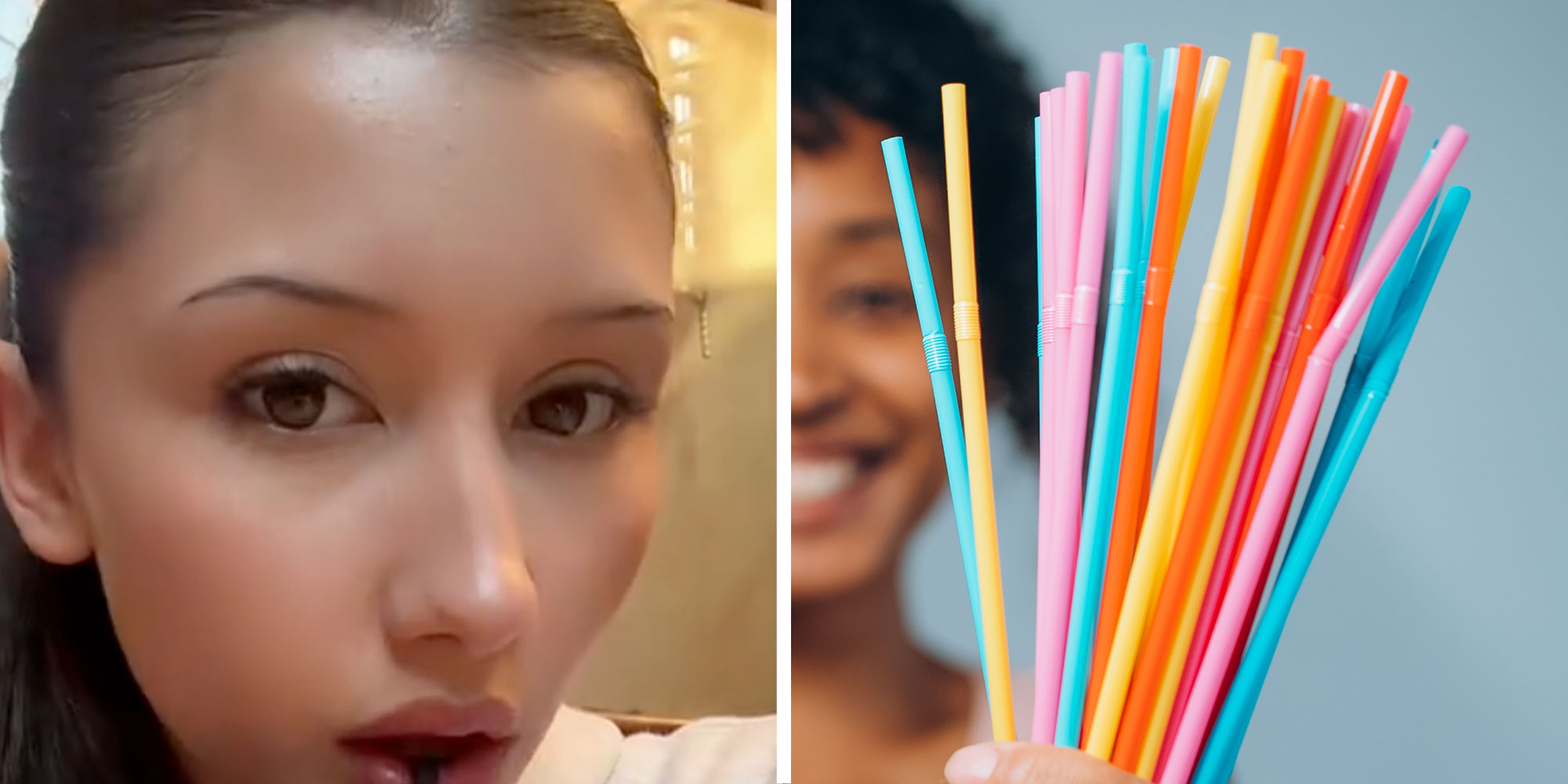 Two panel design with a close up of a woman while drinking a straw, next to an image of someone holding up a handful of straws.