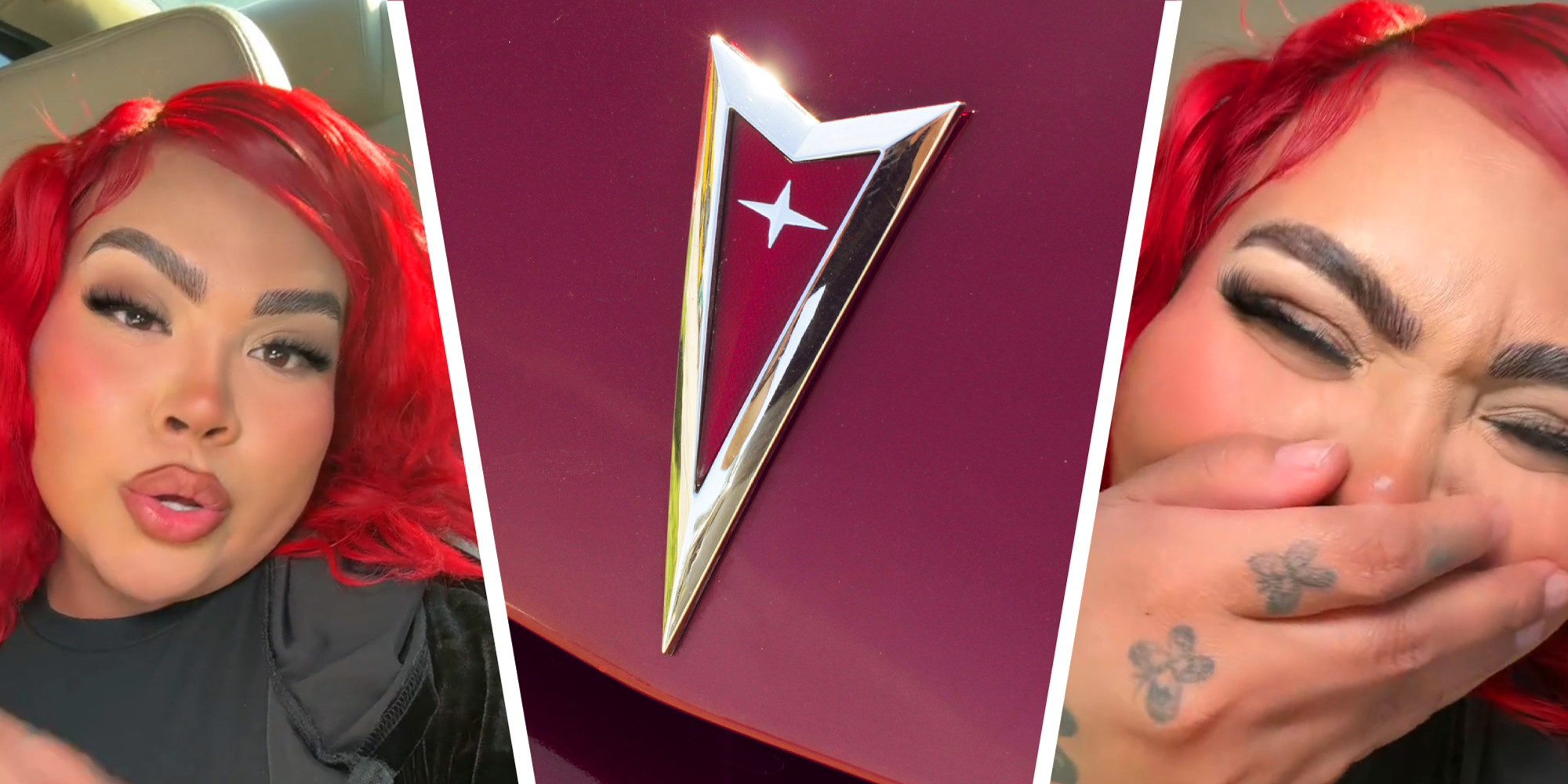 3-panel image. On the sides a person explains, in the middle is the Pontiac symbol.