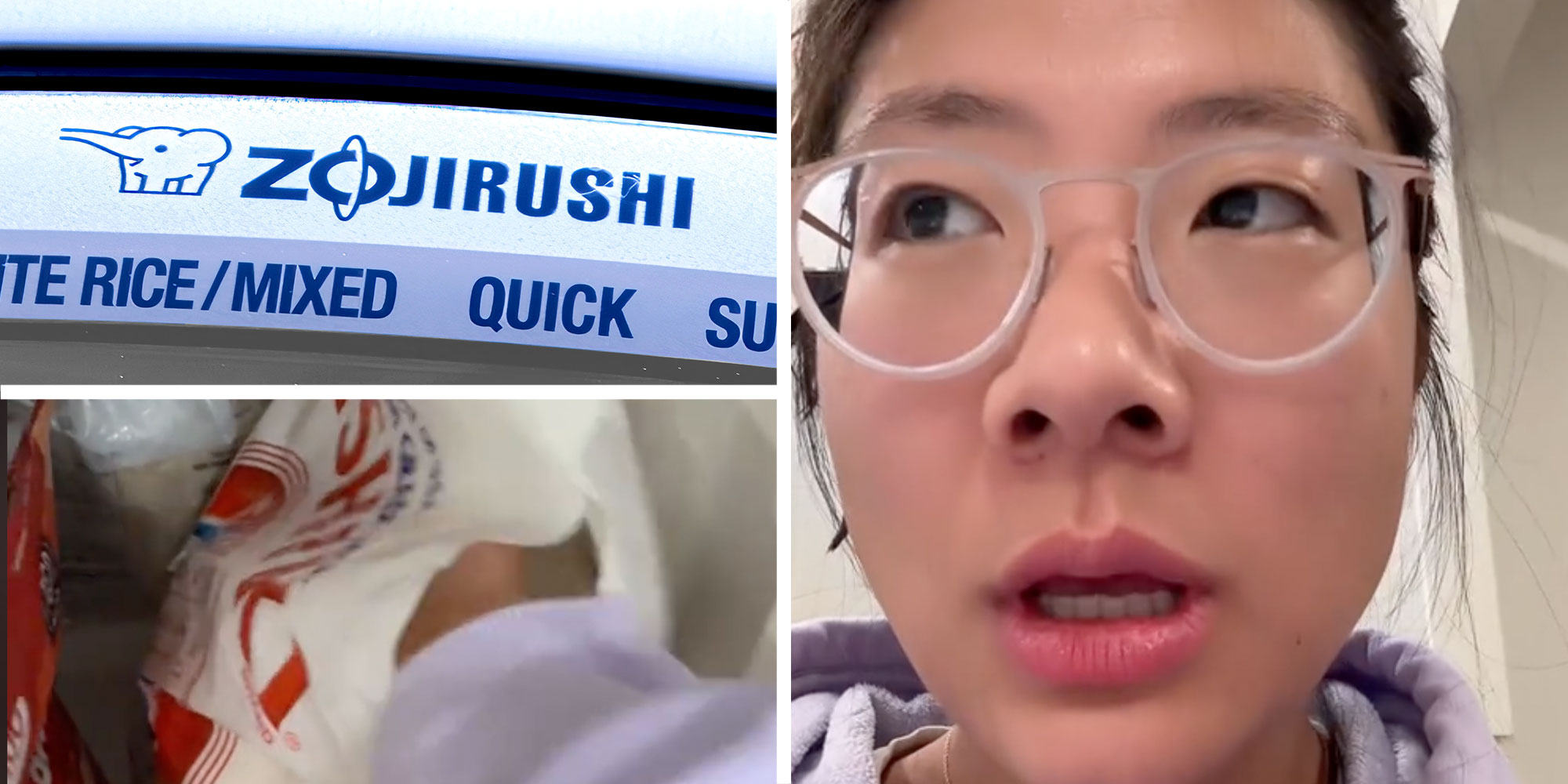 Three panel design with a close up of the brand "Zojirushi" rice coker, below is an image of someone grabbing rice from large bag, next to an image of a woman talking but not looking at the camera