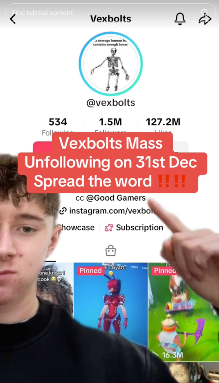 Screenshot of Vexbolt unfollower showing Vexbolt's tik tok and spreading the word