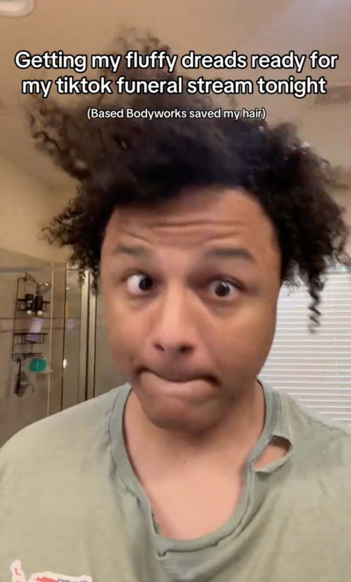 @Vexbolts putting product in his hair with the caption "getting ready for his own funeral"