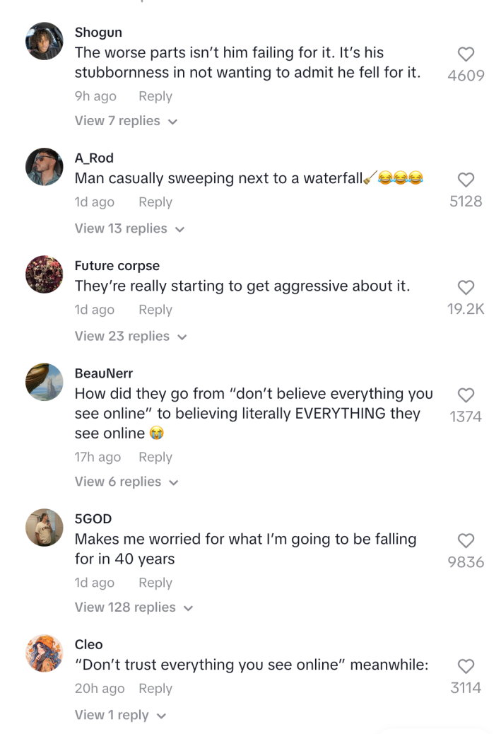 A photo of reactions to @Funtanyl's video of his dad thinking an AI generated landcape is real