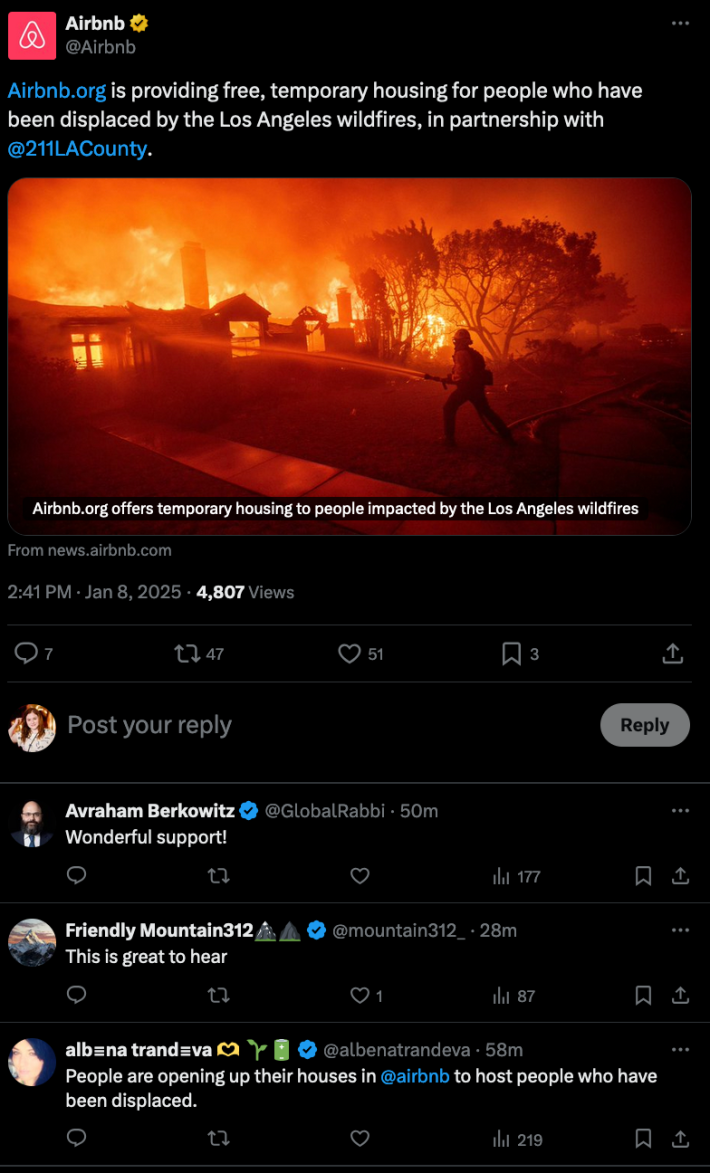 Airbnb X post about giving homes to those displaced by the fire