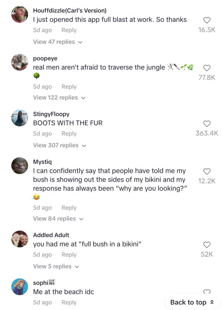 Reactions to "full bush in a bikini" video