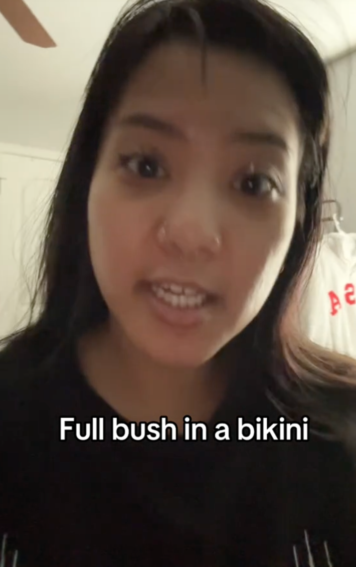 TikTok user saying "full bush in a bikini