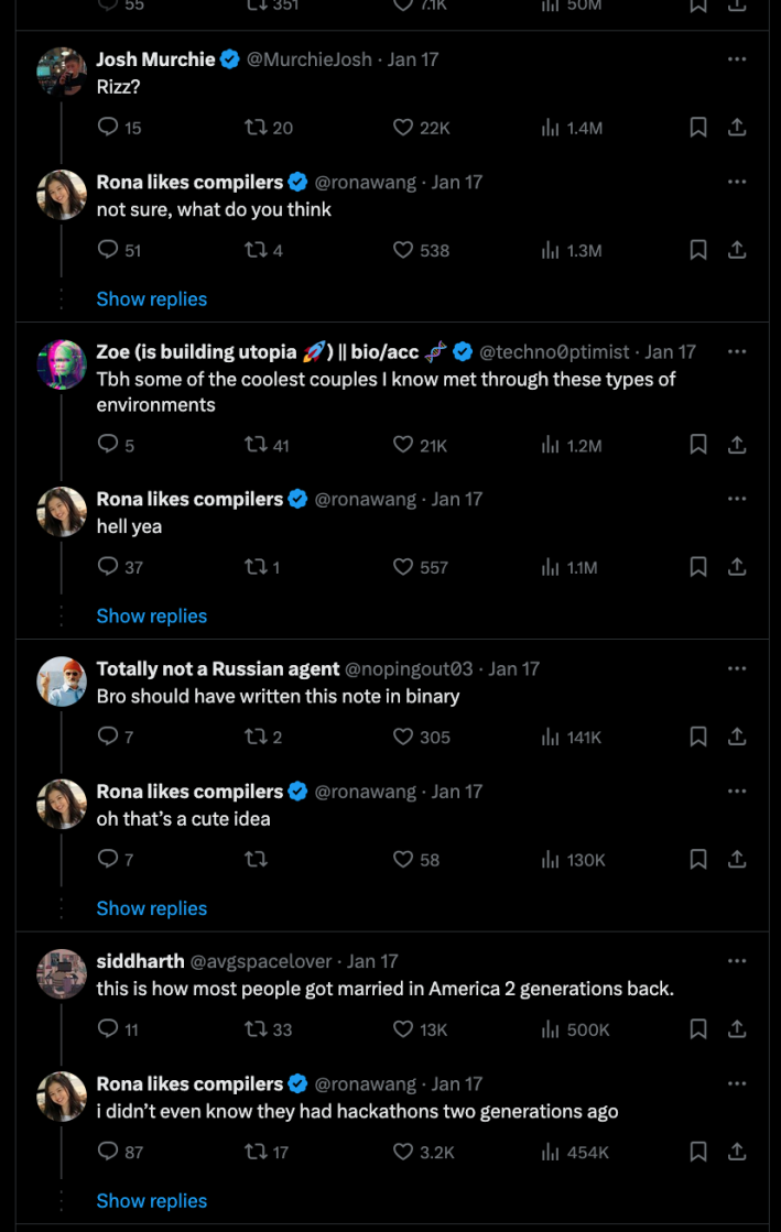 The reactions to an X post of an image of a post it with someone asking a girl out (and their number) at a Hackathon.