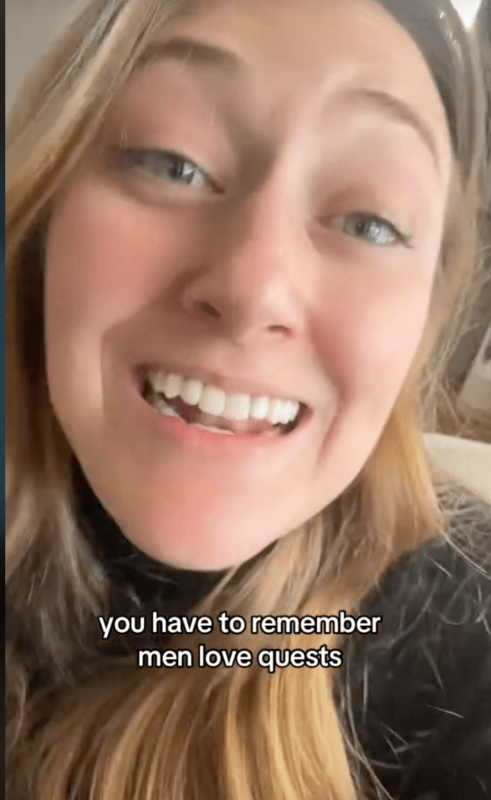 Woman giving advice in a tik tok about how men love quests