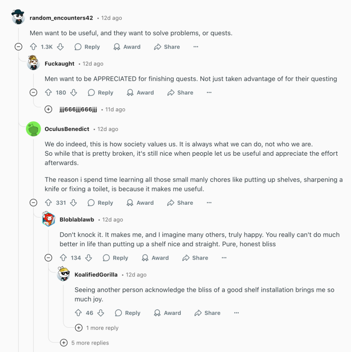 Reddit reactions to "Men like quests"
