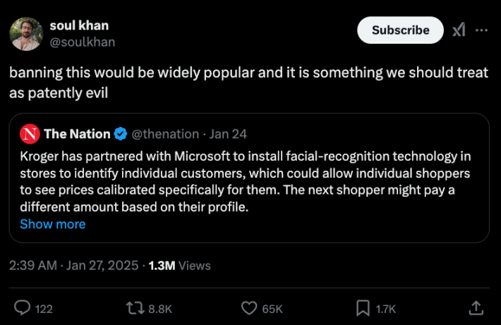 A reaction to a Nation piece about Kroger partnering with Microsoft to create customer face recognition