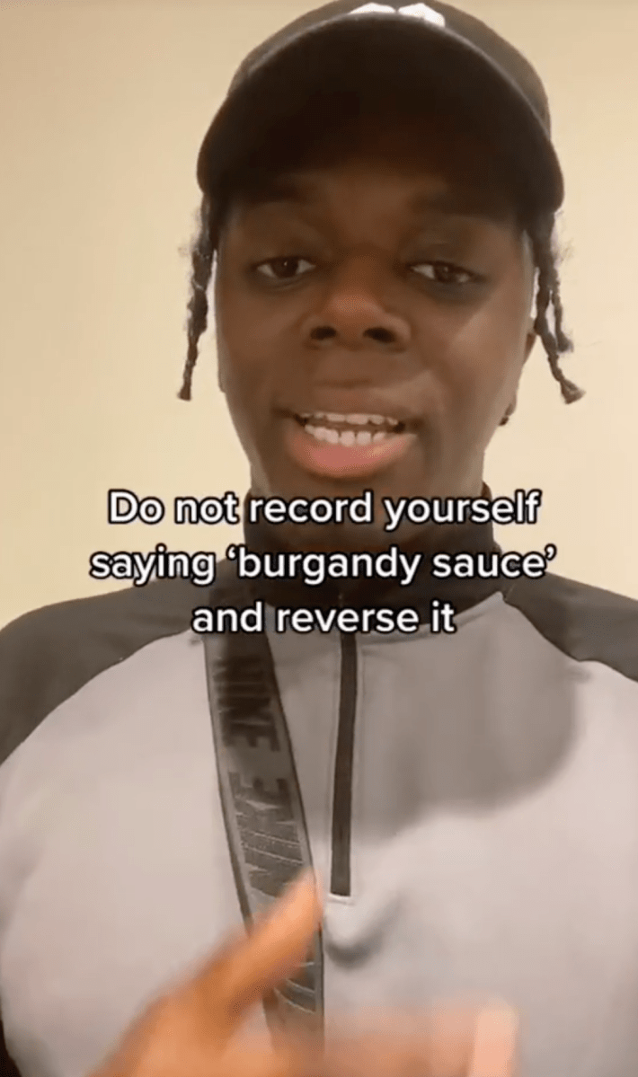 A still of a TikTok video warning people not to say Burgundy Sauce