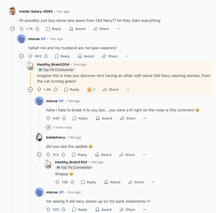 A popular comment about the Reddit poster's husband having an affair on a Reddit thread