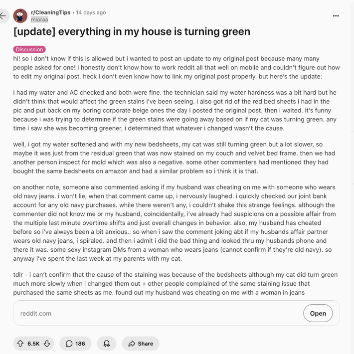 A long text update on the poster's original problem with everything in her house turning green.