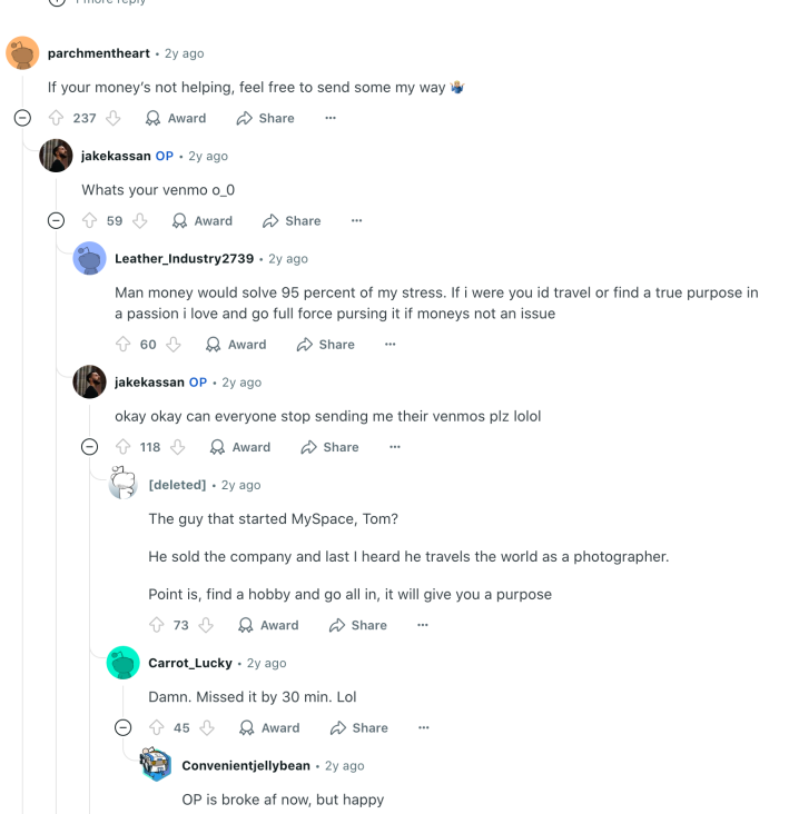 Reactions to Reddit post about a rich man who is unhappy