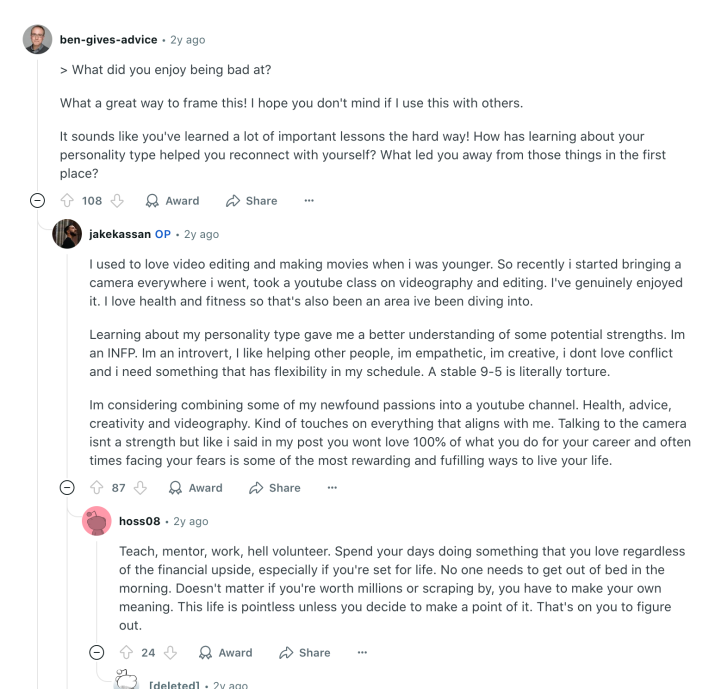 Reddit comment ffrom original poster about what his passions are.