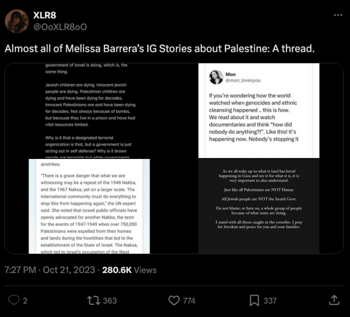 An X post of an instagram story by Melissa Barrera