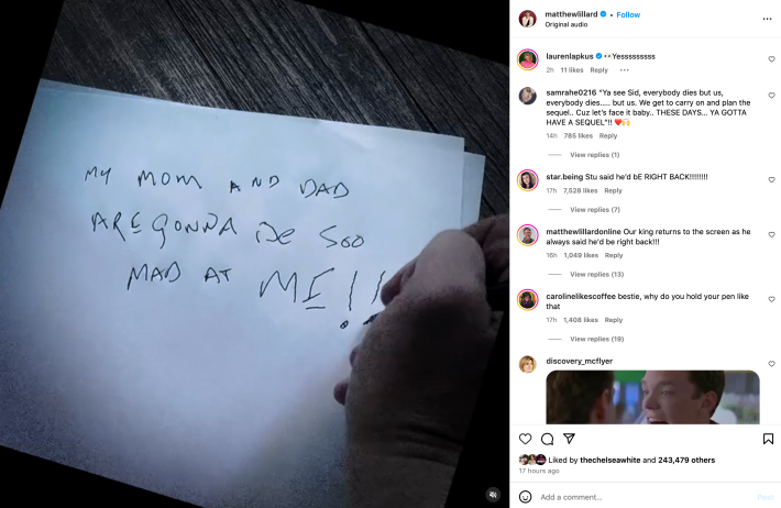Matthew Lillard Instagram post where he shares a video of a hand writing a line from the original scream