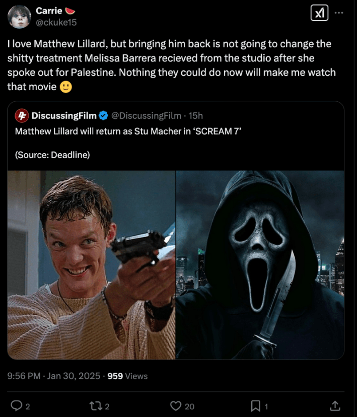 Scream fan criticizes X announcement of Matthew Lillard joining cast of Scream