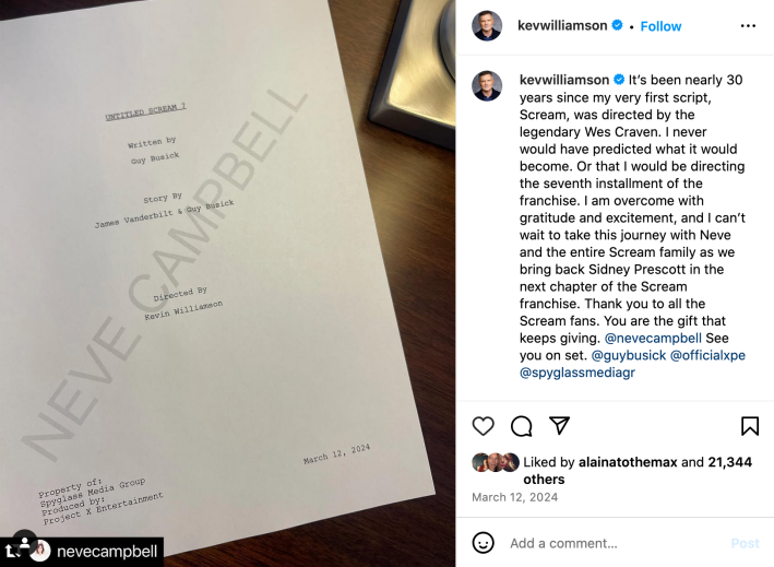 A repost from Kevin Williamson announcing Scream 7 and sharing a photo of the first scream script